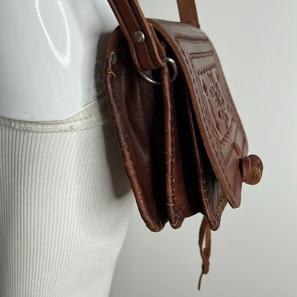 Morocco Sahara Bohemian Hand Tooled Leather Double Compartment Crossbody Bag